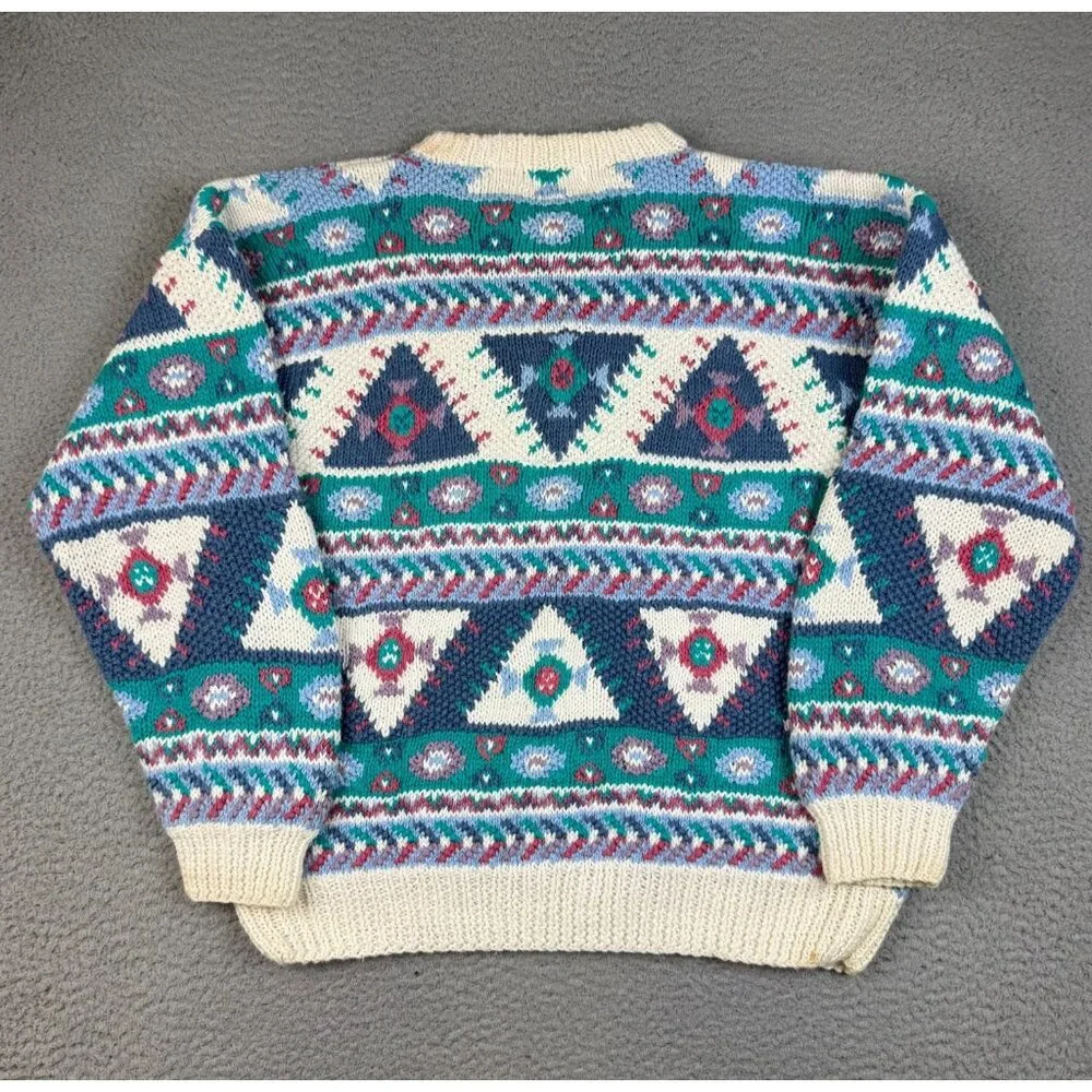 Orvis Sweater Mens Medium Cream Multicolor Geometric Aztec Crewneck Hand Knitted - Picture 2 of 9